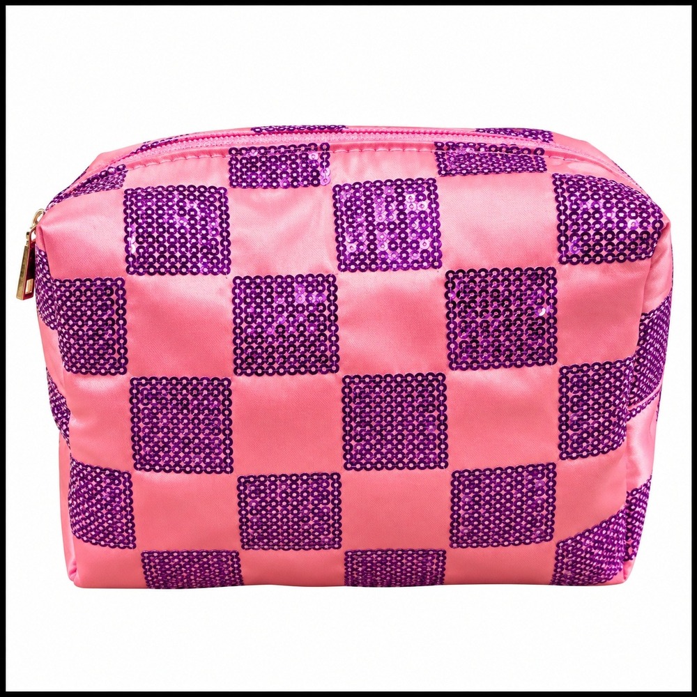 Pink Sequin Checkered Makeup Bag Cosmetic Bag Travel Toiletry Bag Pouch